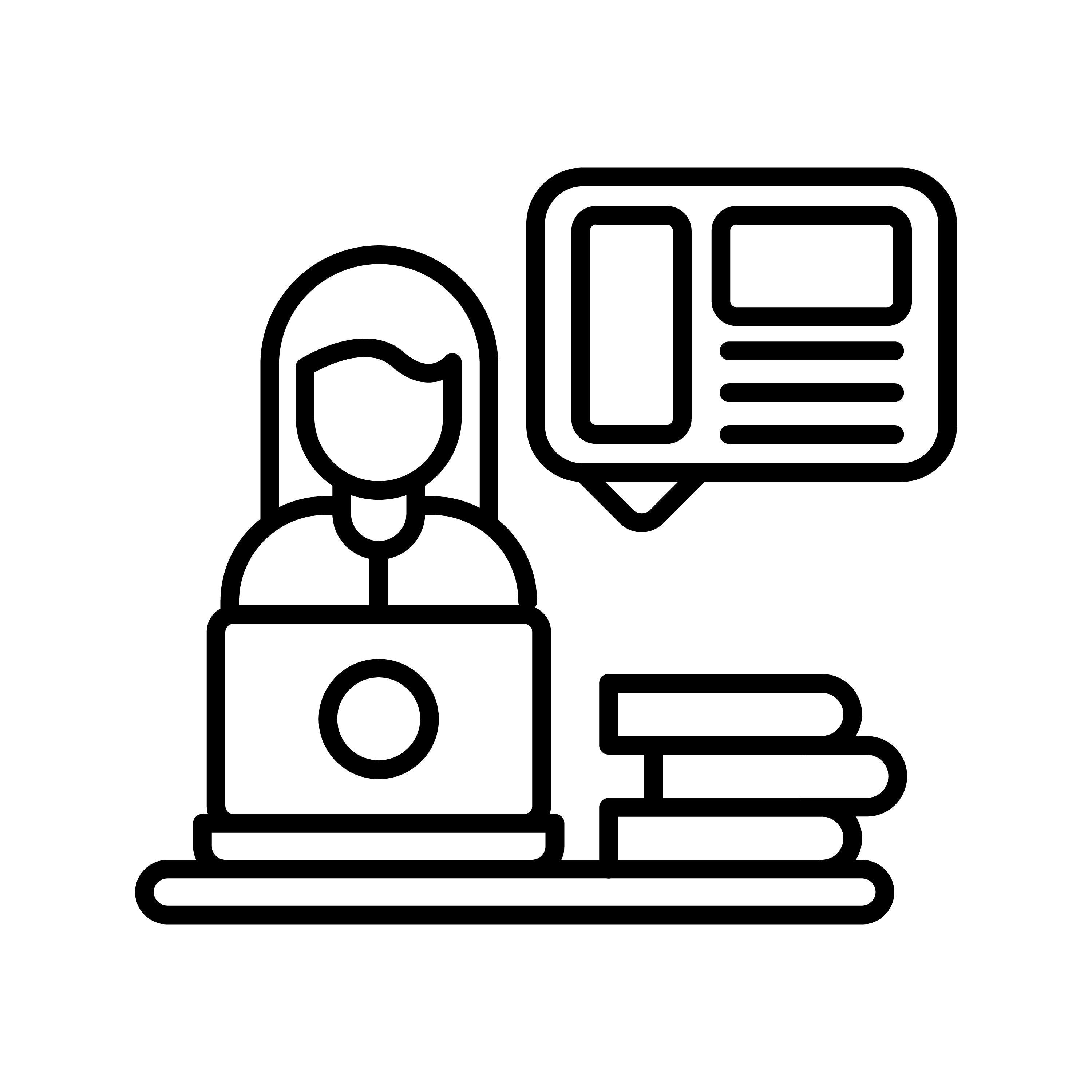 pictogramme montrant une femme devant son ordinateur, près d'un tas de livres
